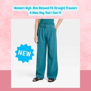 NWT Women's High-Rise Relaxed Fit Straight Trousers - A New Day Teal Size 14